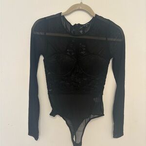 Chic Black Lace Long Sleeve Bodysuit sheer sexy feminine size S Lolita NWOT